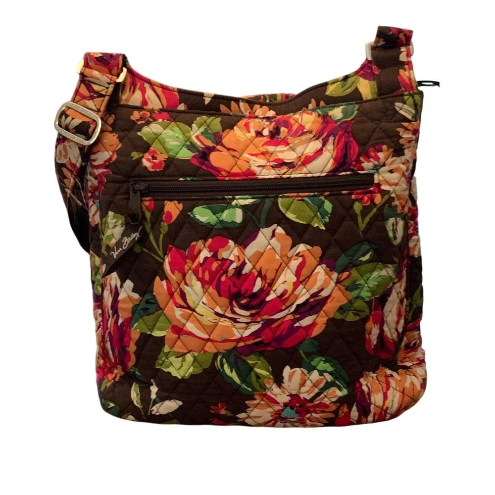 Vera Bradley Quilted Floral Crossbody Messenger Bag Brown Pink Green Pockets